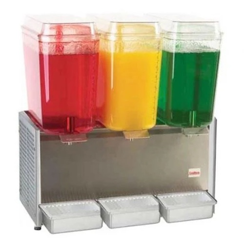 Refresquera refrigerada con 3 tanques plásticos de 18,9 litros paneles laterales y bandeja de goteo en acero inoxidable. Se incluye agitador en cada tanque