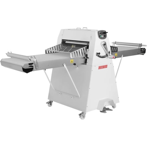 Laminadora electrica con banco a piso, con rodillo y alas 600 mm ancho, 1400 mm  largo